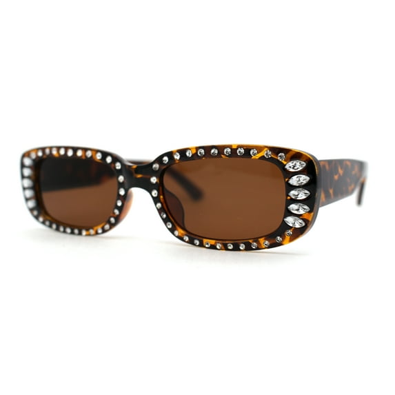 Womens Rhinestone Bejeweled Mod Rectangular Plastic Sunglasses Tortoise Brown