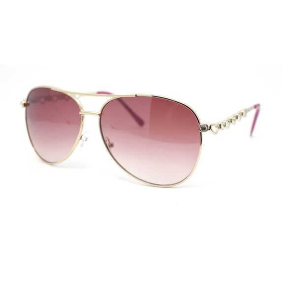 Womens Rhinestone Bling Heart Jewel Diva Metal Rim Pilot Sunglasses Gold - Burgundy