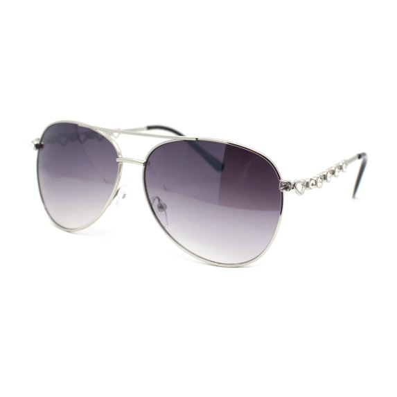 Womens Rhinestone Bling Heart Jewel Diva Metal Rim Pilot Sunglasses Silver - Smoke