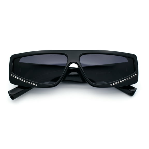 Womens Rhinestone Bling Narrow Rectangle Flat Top Plastic Fashion Sunglasses Black - Smoke