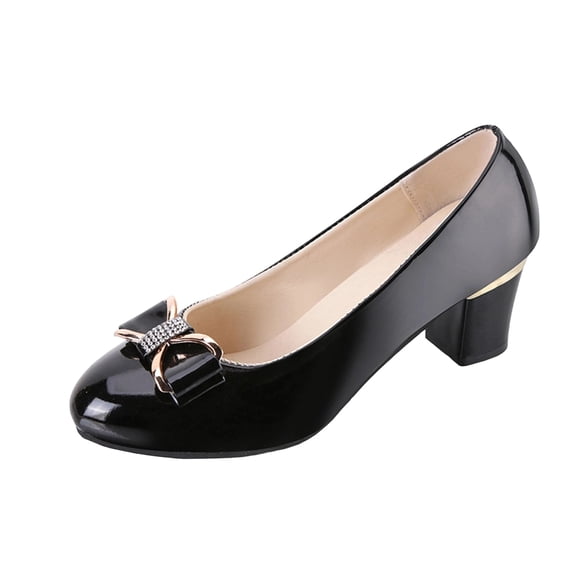 Womens Rhinestone Bow Pumps Patent Block Heel Slip On, Comfortable Wedding Guest & Work Shoes, Black Glitter Evening Party Dress Heels,Size 6