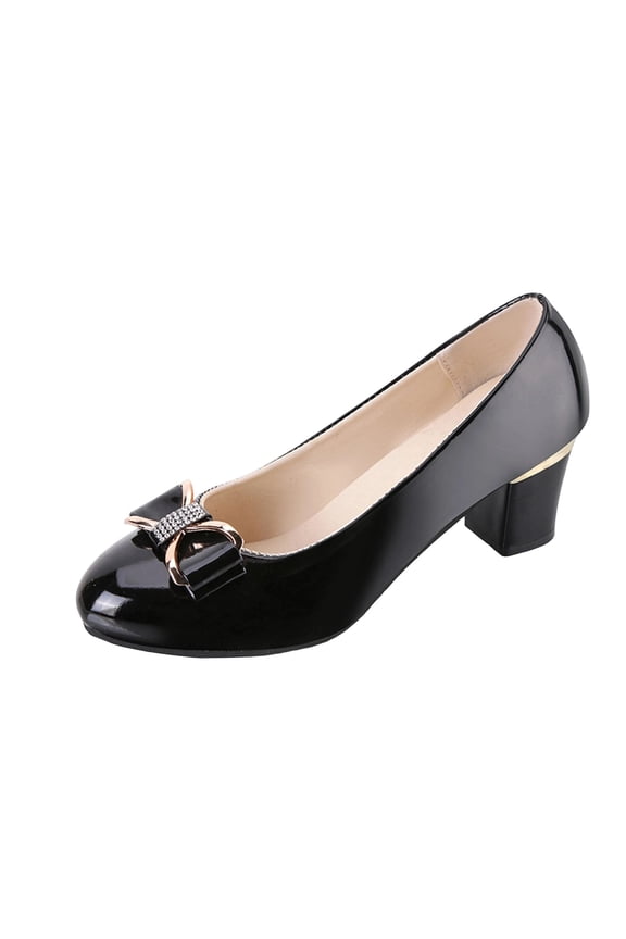 Womens Rhinestone Bow Pumps Patent Block Heel Slip On, Comfortable Wedding Guest & Work Shoes, Black Glitter Evening Party Dress Heels,Size 6