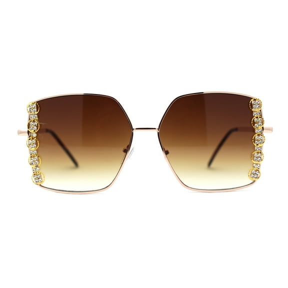 Womens Rhinestone Chain Jewel Trim Classical Metal Rim Butterfly Sunglasses Gold Brown