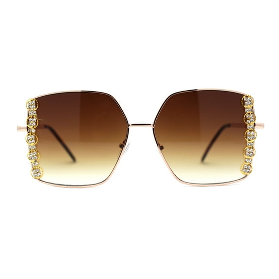 Womens Rhinestone Chain Jewel Trim Classical Metal Rim Butterfly Sunglasses Gold Brown