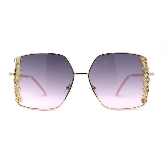 Womens Rhinestone Chain Jewel Trim Classical Metal Rim Butterfly Sunglasses Gold Purple