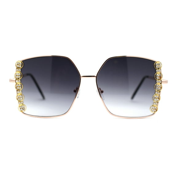 Womens Rhinestone Chain Jewel Trim Classical Metal Rim Butterfly Sunglasses Gold Smoke