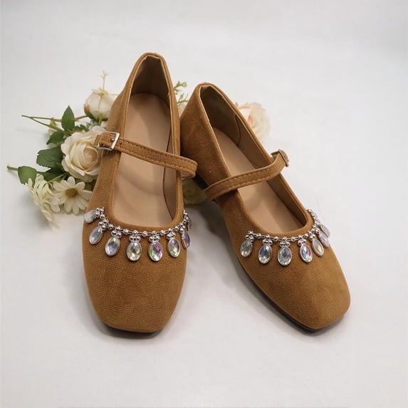 Toe Rhinestone Womens Rhinestone Chain Mary Jane Flats, Square Toe Buckle Strap Shoes ...
