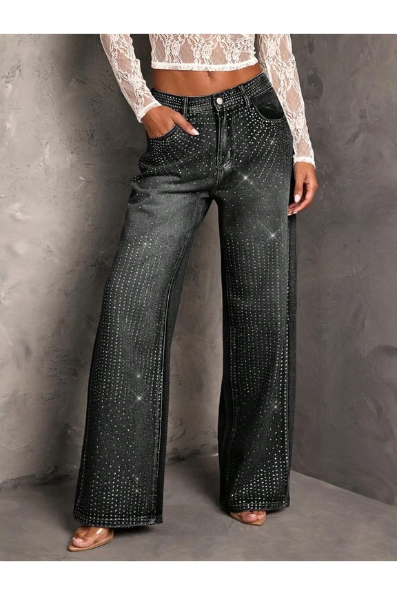 Womens Rhinestone-Embellished Flare-Leg Light Wash-2 Jeans