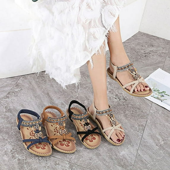 Womens Rhinestone Flat Sandals, Flower Print Hollow Out Women Sandals Flat Heel Bohemian Rhinestone Beads Anti Skid Sandals Walking Shoes for Oceanside Holiday Outdoor