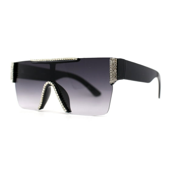 Womens Rhinestone Flat Top Rimless Shield Mafia Sunglasses Black Smoke