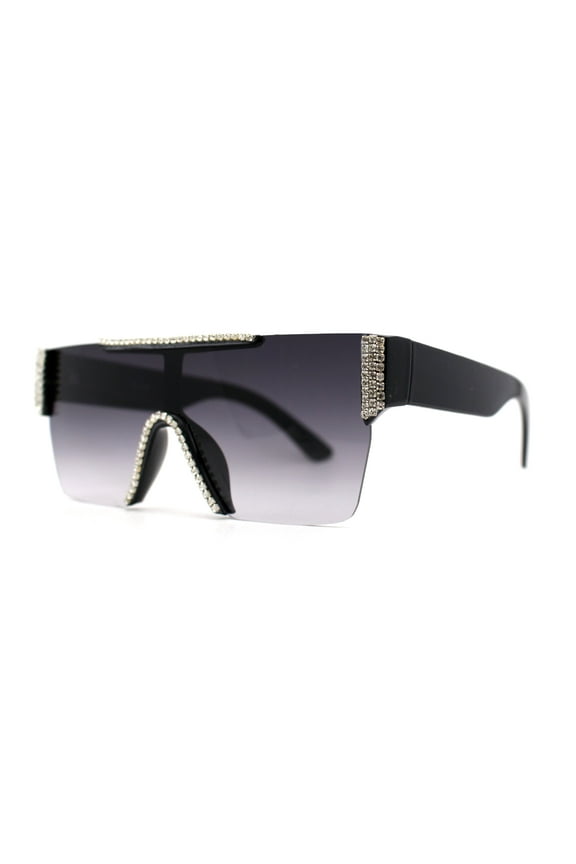 Womens Rhinestone Flat Top Rimless Shield Mafia Sunglasses Black Smoke