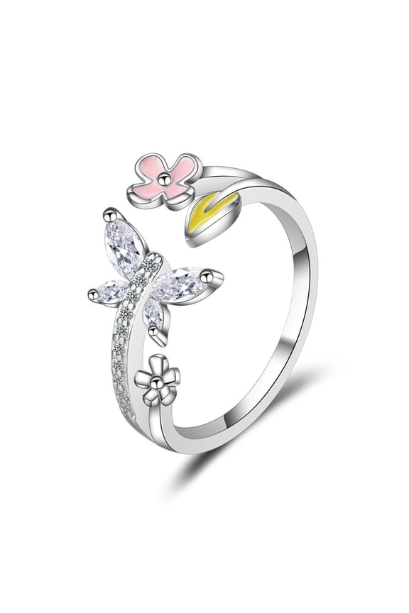 Womens Rhinestone Flower Ring Adjustable 17mm Inner Diameter Platinum Zircon Jewelry Japanese Korean Style Pro