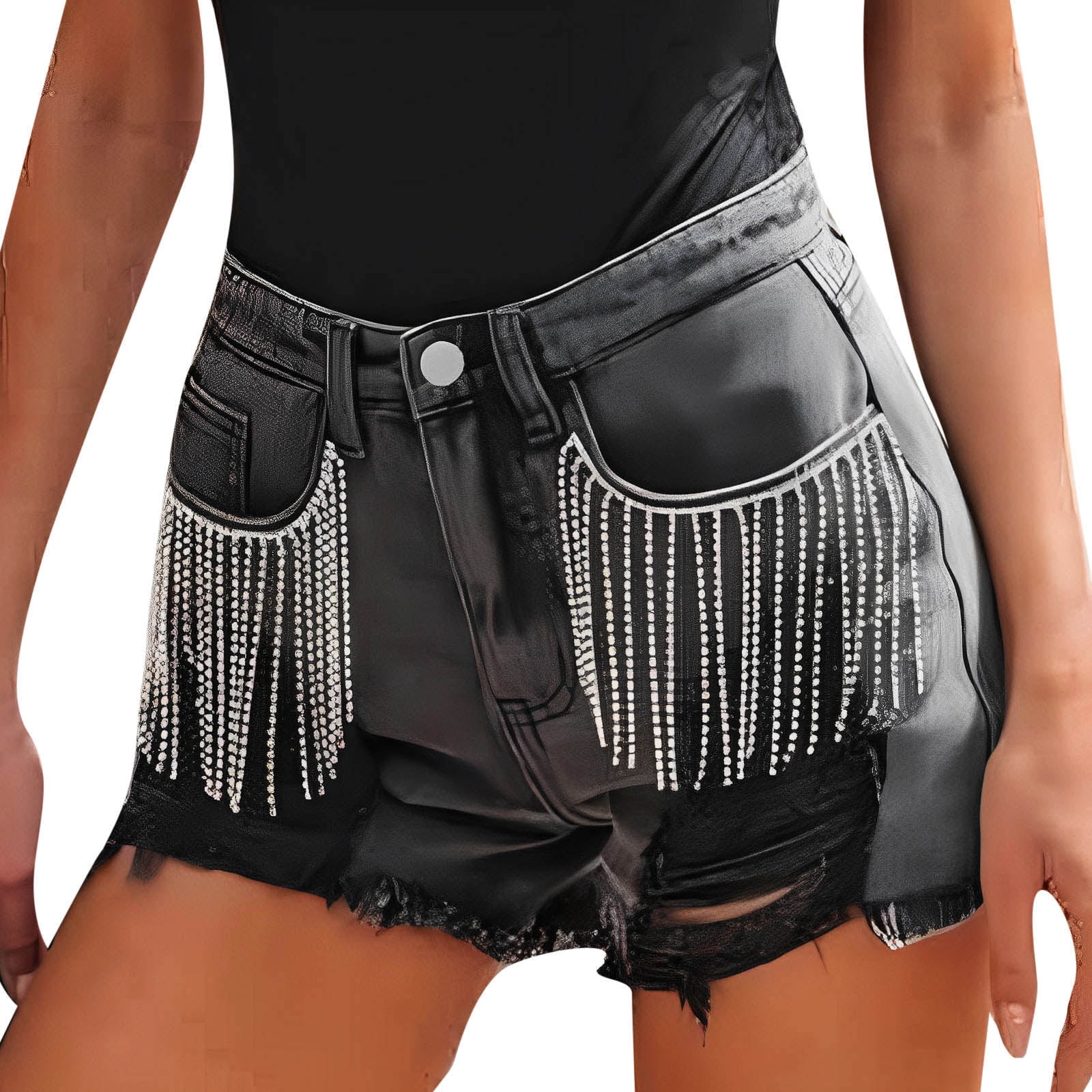  Gamivast Womens Ripped Jean Shorts with Bling Fringe
