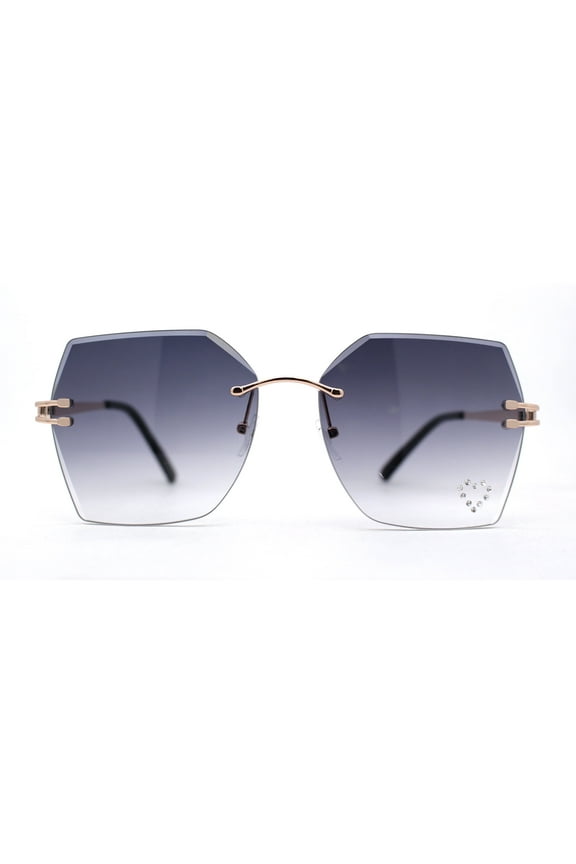 Womens Rhinestone Heart Lens Bling Rimless Butterfly Chic Sunglasses Gold Smoke
