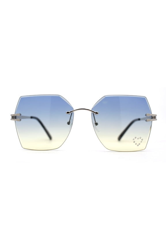Womens Rhinestone Heart Lens Bling Rimless Butterfly Chic Sunglasses Silver Blue Yellow