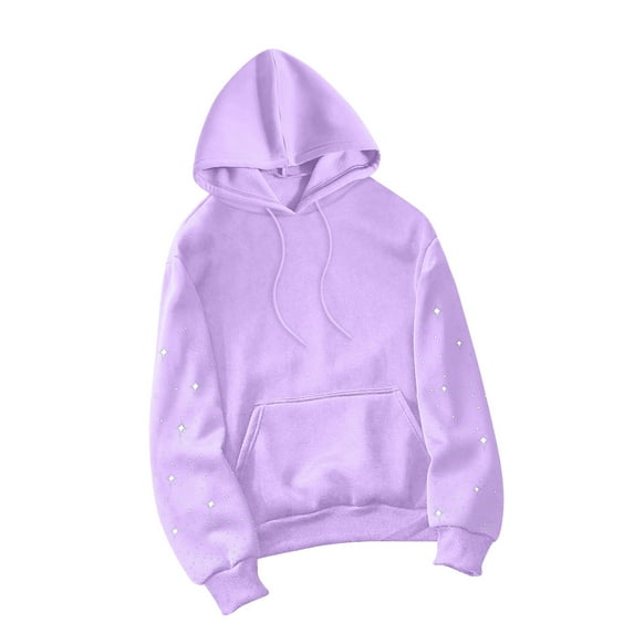 Womens Rhinestone Hoodies, Long Sleeve Pullover for Women Fall Fashion Solid Color Hooded Crewneck Sweatshirts with Pockets