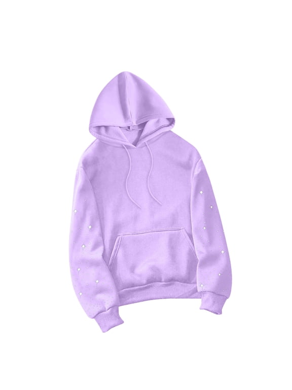 Womens Rhinestone Hoodies, Long Sleeve Pullover for Women Fall Fashion Solid Color Hooded Crewneck Sweatshirts with Pockets
