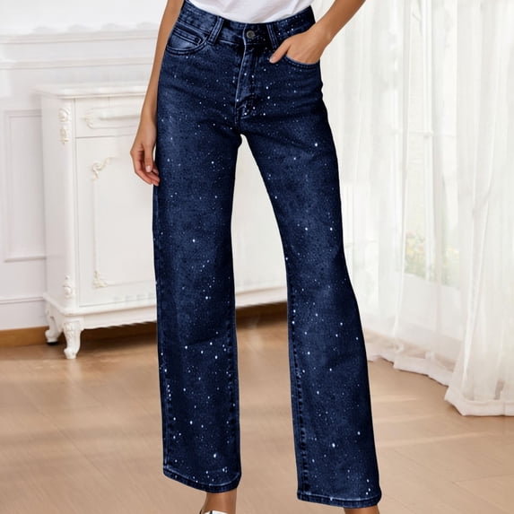Womens Rhinestone Jeans Baggy Y2K Straight Wide Leg Sparkly Glitter Denim Pants (Dark Blue M)