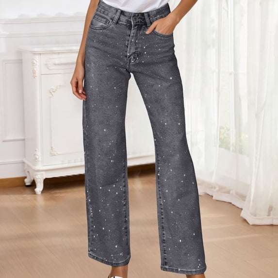 Womens Rhinestone Jeans Baggy Y2K Straight Wide Leg Sparkly Glitter Denim Pants (Dark Gray S)