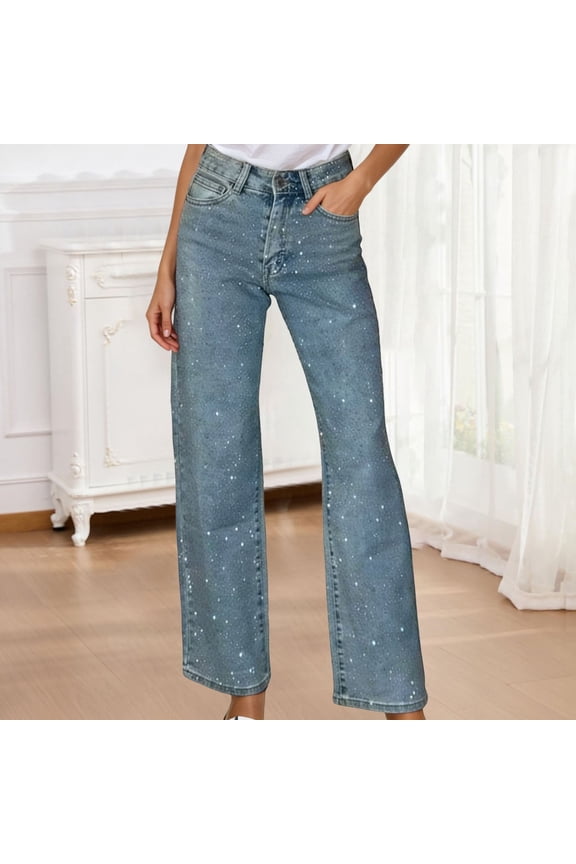 Womens Rhinestone Jeans Baggy Y2K Straight Wide Leg Sparkly Glitter Denim Pants (Light Blue XL)