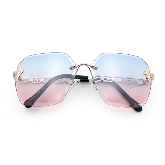 Womens Rhinestone Jewel Chain Arm Rimless Oversize Butterfly Rectangle Sunglasses [Gold - Blue Pink]