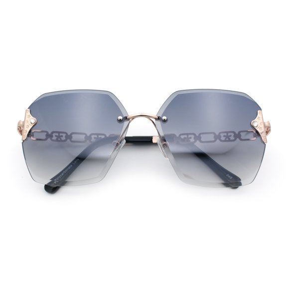 Womens Rhinestone Jewel Chain Arm Rimless Oversize Butterfly Rectangle Sunglasses [Gold - Smoke]