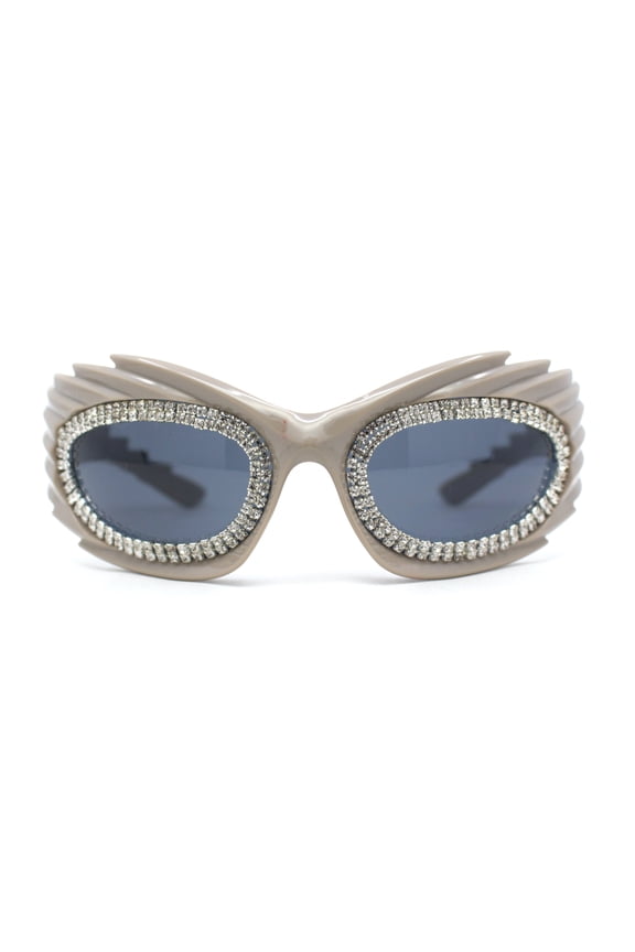Womens Rhinestone Jewel Lens Trim Sport Wrap Flaming Plastic Sunglasses Grey - Black