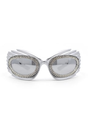 Womens Rhinestone Jewel Lens Trim Sport Wrap Flaming Plastic Sunglasses Silver - Silver Mirror