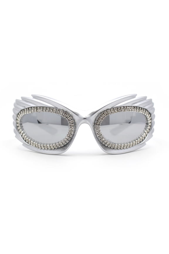 Womens Rhinestone Jewel Lens Trim Sport Wrap Flaming Plastic Sunglasses Silver - Silver Mirror