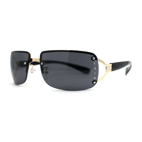 Womens Rhinestone Jewel Rimless Rectangle Designer Fashion Sunglasses Gold Black