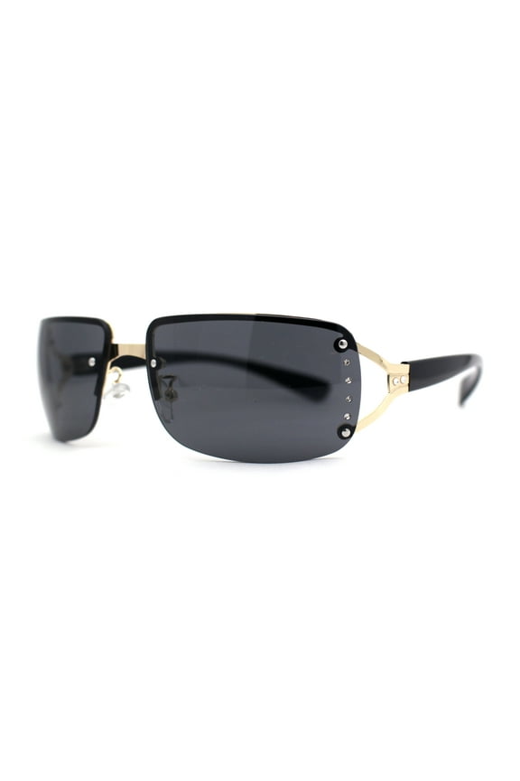 Womens Rhinestone Jewel Rimless Rectangle Designer Fashion Sunglasses Gold Black