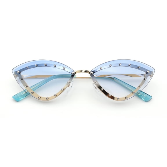 Womens Rhinestone Jewel Trim Cat Eye Luxury Rimless Bling Sunglasses Gold - Blue