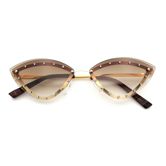 Womens Rhinestone Jewel Trim Cat Eye Luxury Rimless Bling Sunglasses Gold - Brown