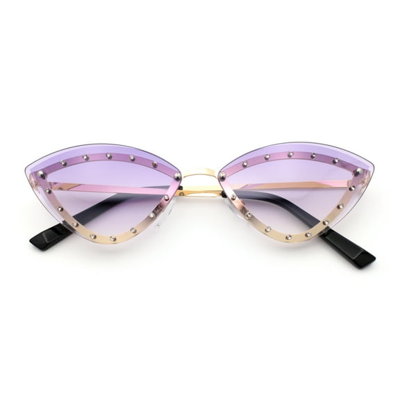 Womens Rhinestone Jewel Trim Cat Eye Luxury Rimless Bling Sunglasses Gold - Purple
