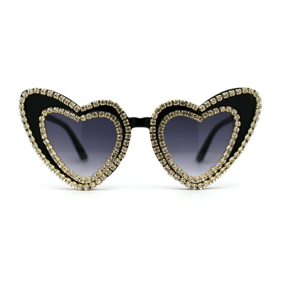 Womens Rhinestone Jewel Trim Classic Cat Eye Heart Shape Sunglasses Black Smoke