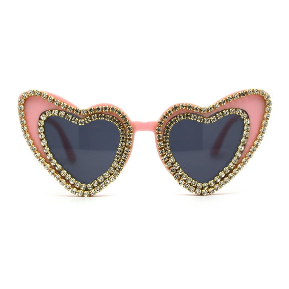 Womens Rhinestone Jewel Trim Classic Cat Eye Heart Shape Sunglasses Pink Black