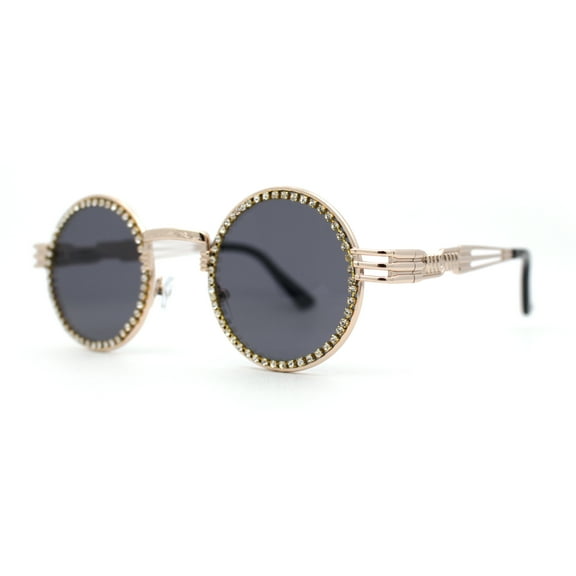 Womens Rhinestone Jewel Victorian Fancy Engraving Hippie Round Sunglasses Gold Black