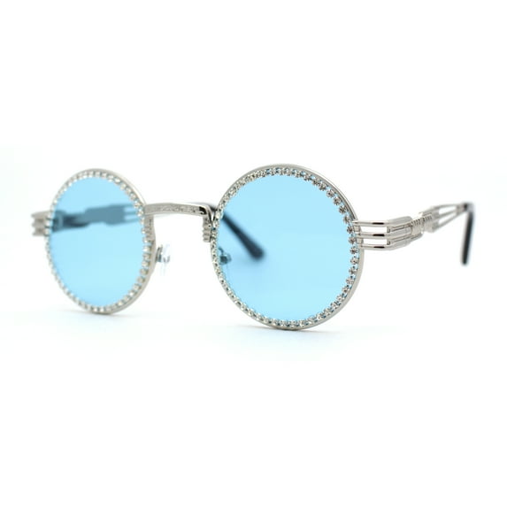 Womens Rhinestone Jewel Victorian Fancy Engraving Hippie Round Sunglasses Silver Blue