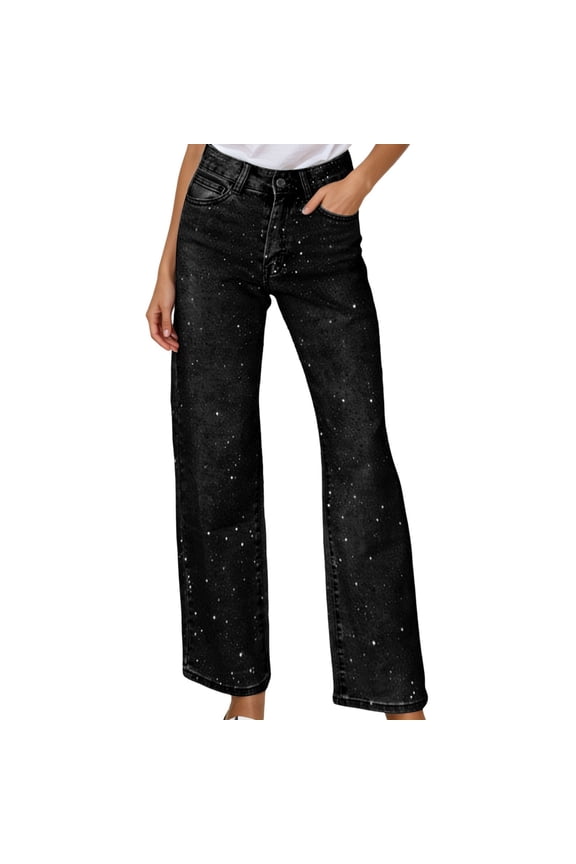 Womens Rhinestone Pattern Jeans High Waisted Straight Leg Denim Trousers Sparkle Jeans for Women Fashion Bling Denim Pants Long Straight Jeans