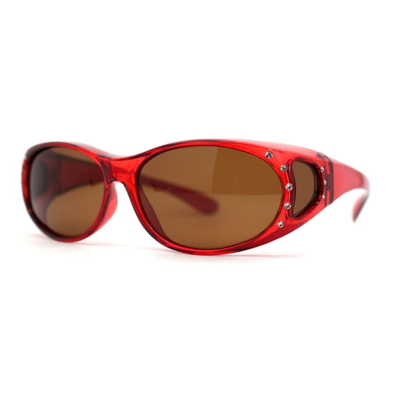Womens Rhinestone Polarized Oval Fit Over Sunglasses Red Brown