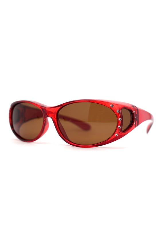 Womens Rhinestone Polarized Oval Fit Over Sunglasses Red Brown