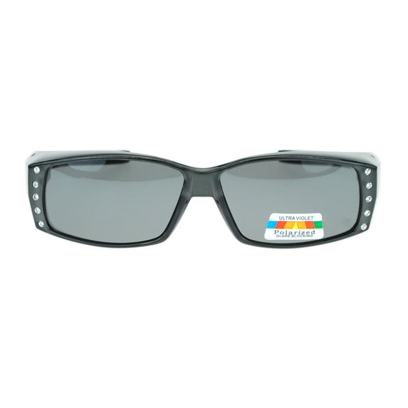 Womens Rhinestone Rectangular Polarized Fit Over Glasses Sunglasses Grey Black