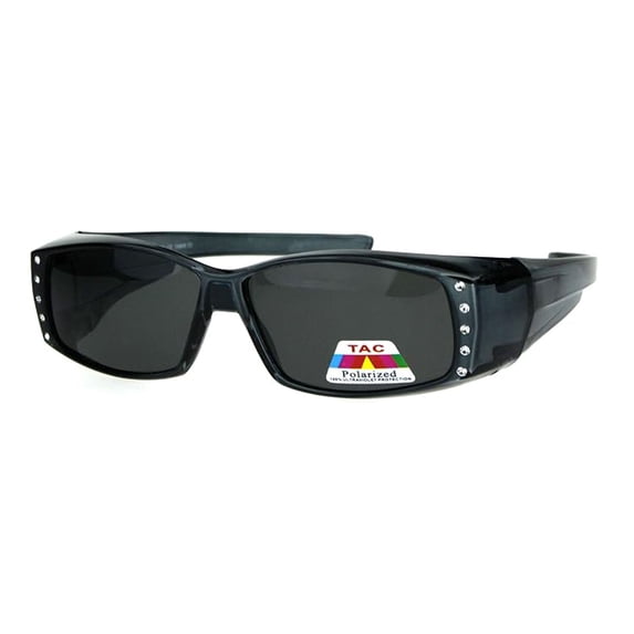 Womens Rhinestone Rectangular Polarized Fit Over Glasses Sunglasses Grey Black