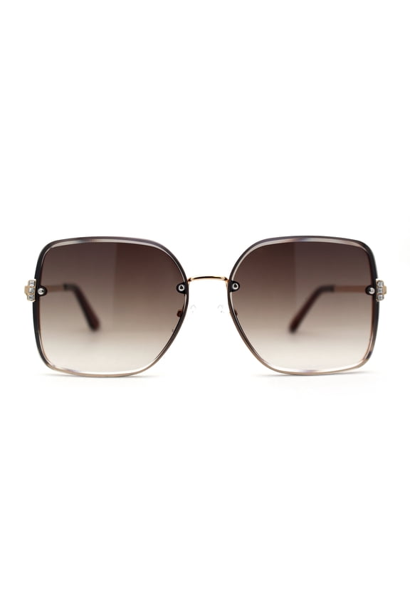 Womens Rhinestone Rimless Rectangular Mod Butterfly Sunglasses Gold Brown