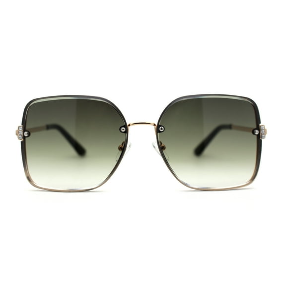 Womens Rhinestone Rimless Rectangular Mod Butterfly Sunglasses Gold Green