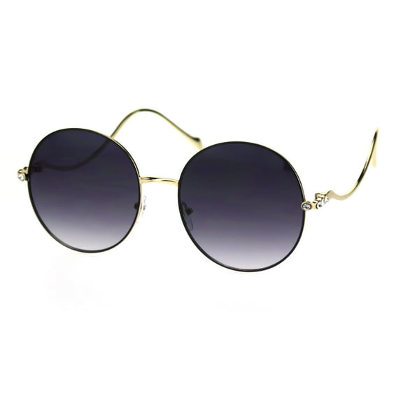 Womens Rhinestone Round Metal Rim Wavy Arm Luxury Sunglasses Gold Black Smoke