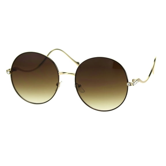 Womens Rhinestone Round Metal Rim Wavy Arm Luxury Sunglasses Gold Brown Brown