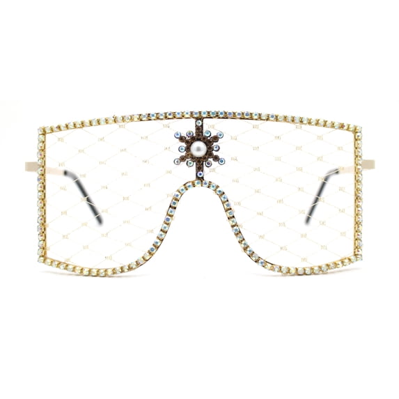 Womens Rhinestone Shield Lace Mesh Lens Luxury Metal Rim Sunglasses All Gold