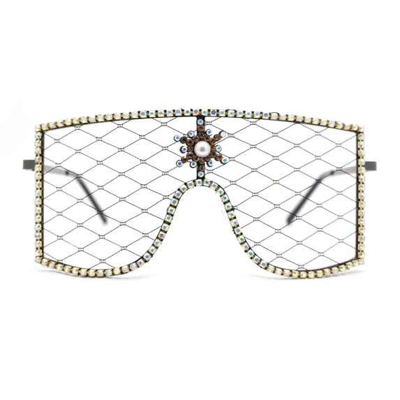 Womens Rhinestone Shield Lace Mesh Lens Luxury Metal Rim Sunglasses Black Brown