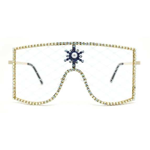 Womens Rhinestone Shield Lace Mesh Lens Luxury Metal Rim Sunglasses Gold Blue